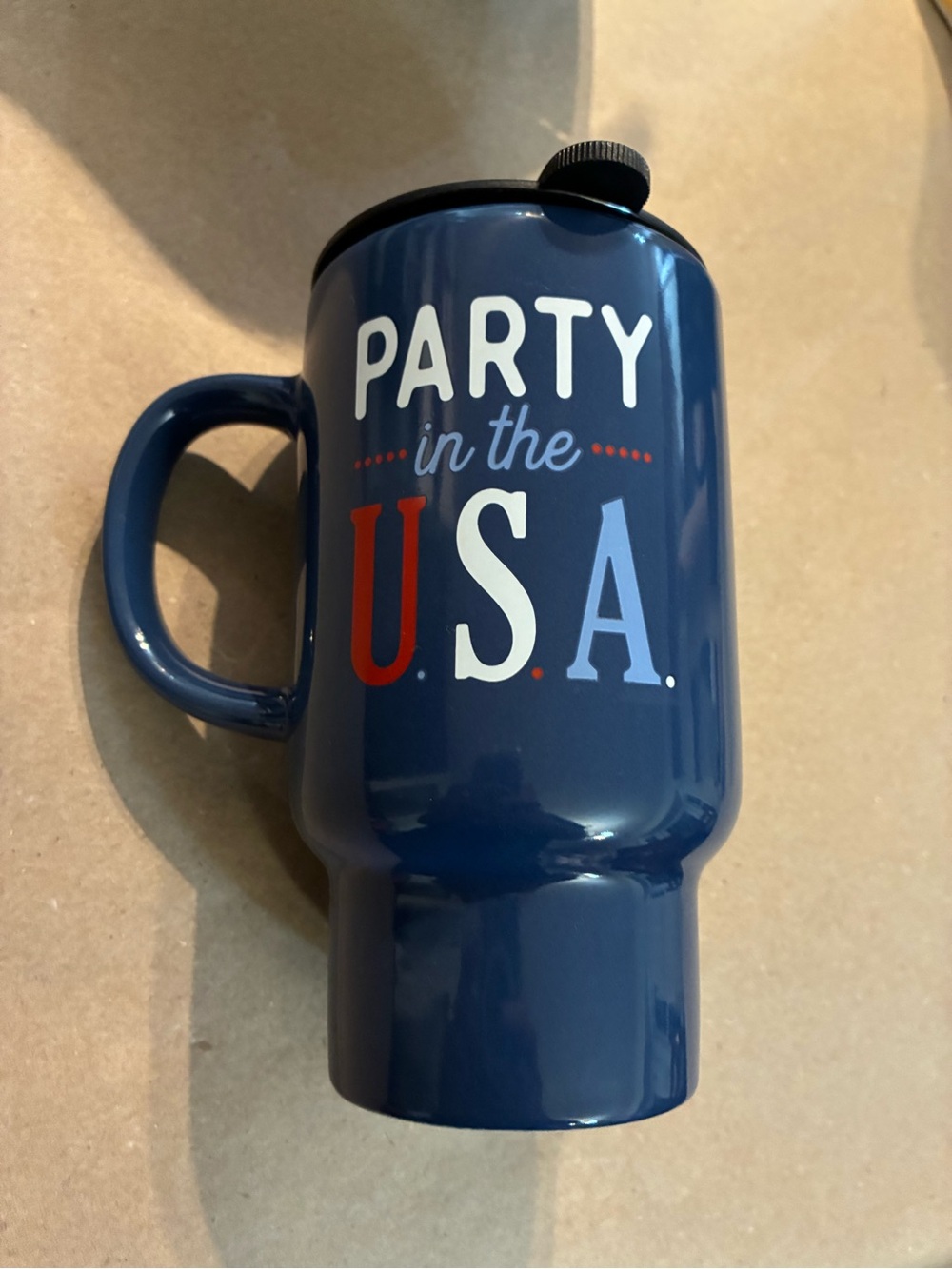 Navy Blue "Party in the USA" Insulated Travel Mug with Handle 16oz Ceramic